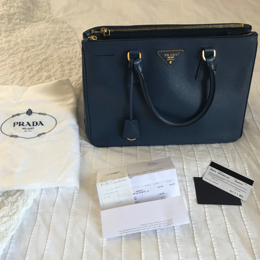 Prada Bluette Saffiano Leather Double Zip Tote Bag